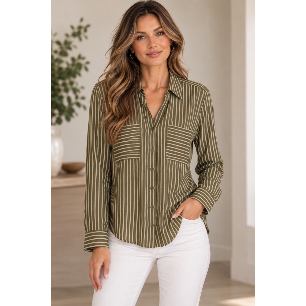 Maurices Olive Green Striped Button Down Blouse Shirt Size XL